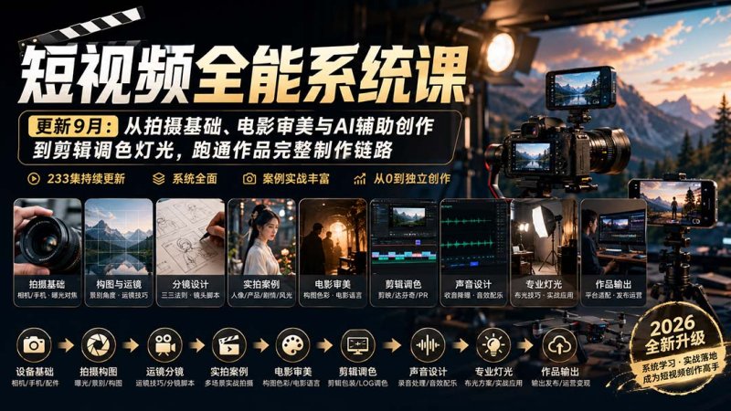 短视频全能系统课-更新8月233集：从拍摄基础、电影审美与AI辅助创作到剪辑调色灯光，跑通作品完整制作链路网创-网赚-电商-tk-出海-AI-抖音-快手-小红书-视频号-玩法-创业-小程序-公众号-私域-s粉网创智库