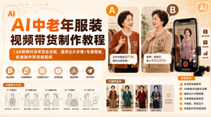 AI中老年服装视频带货制作教程|AB剧情对话带货全流程,通用出片步骤+专属模板,快速制作带货短视频网创-网赚-电商-tk-出海-AI-抖音-快手-小红书-视频号-玩法-创业-小程序-公众号-私域-s粉网创智库