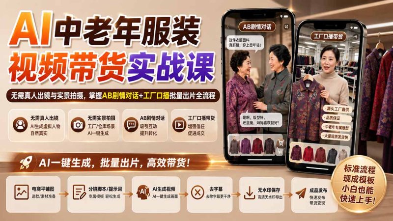 AI中老年服装视频带货实战课:无需真人出镜与实景拍摄,掌握AB剧情对话+工厂口播批量出片全流程网创-网赚-电商-tk-出海-AI-抖音-快手-小红书-视频号-玩法-创业-小程序-公众号-私域-s粉网创智库