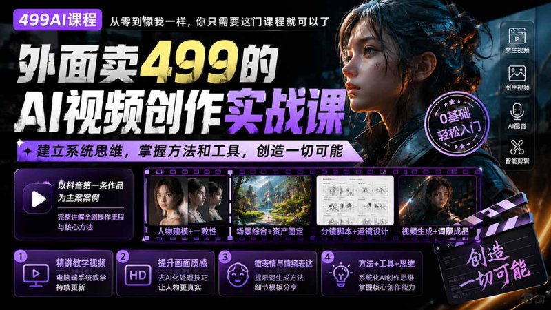 外面卖499的AI视频创作实战课:建立系统思维,掌握方法和工具,创造一切可能。网创-网赚-电商-tk-出海-AI-抖音-快手-小红书-视频号-玩法-创业-小程序-公众号-私域-s粉网创智库