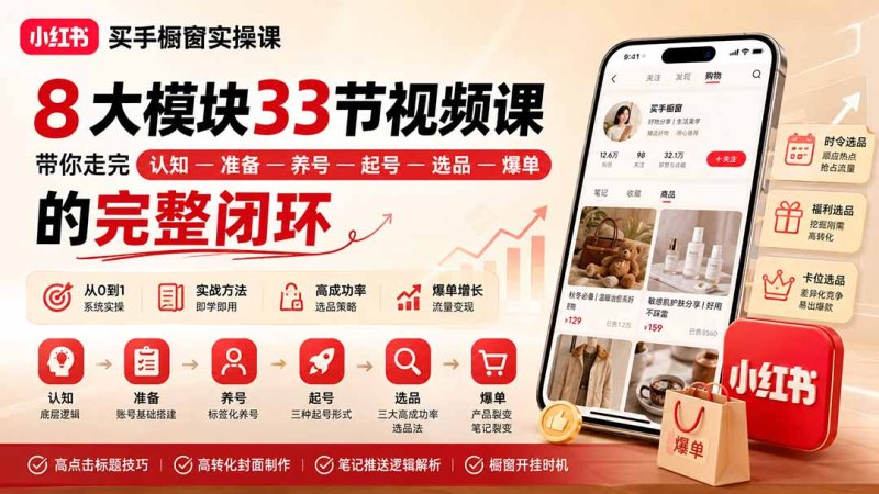 小红书买手橱窗实操课:8大模块33节视频课,带你走完”认知—准备—养号—起号—选品—爆单”的完整闭环网创-网赚-电商-tk-出海-AI-抖音-快手-小红书-视频号-玩法-创业-小程序-公众号-私域-s粉网创智库