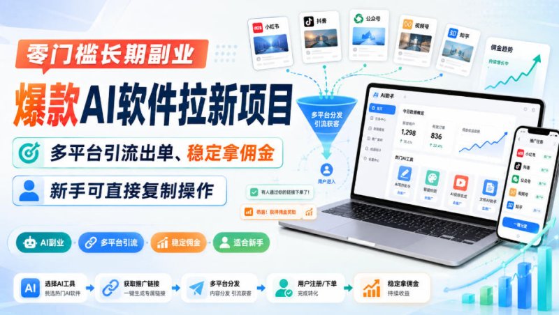 零门槛长期副业,爆款AI软件拉新项目,多平台引流出单、稳定拿佣金,新手可直接复制操作网创-网赚-电商-tk-出海-AI-抖音-快手-小红书-视频号-玩法-创业-小程序-公众号-私域-s粉网创智库