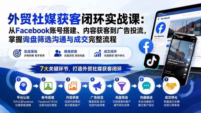 外贸社媒获客闭环实战课:从Facebook账号搭建、内容获客到广告投流,掌握询盘筛选沟通与成交完整流程网创-网赚-电商-tk-出海-AI-抖音-快手-小红书-视频号-玩法-创业-小程序-公众号-私域-s粉网创智库