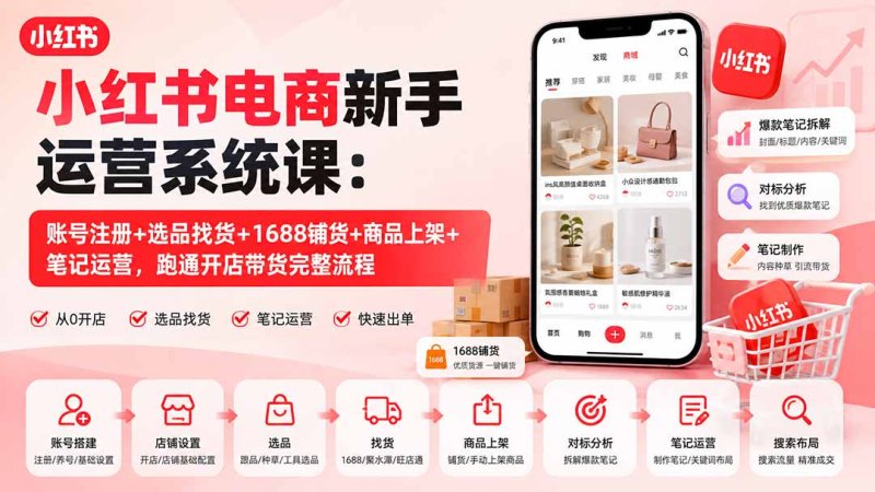 小红书电商新手运营系统课:账号注册+选品找货+1688铺货+商品上架+笔记运营,跑通开店带货完整流程网创-网赚-电商-tk-出海-AI-抖音-快手-小红书-视频号-玩法-创业-小程序-公众号-私域-s粉网创智库
