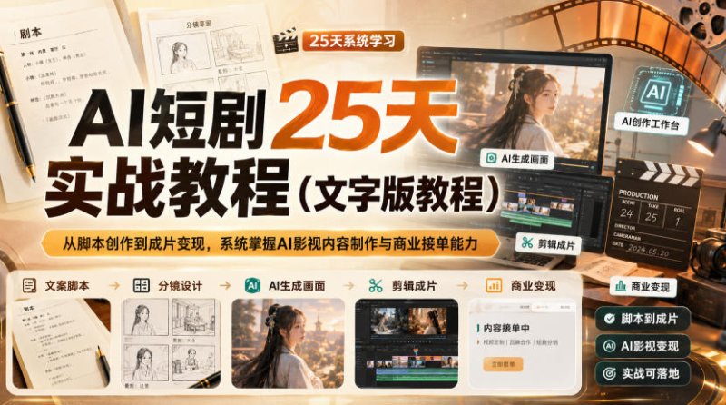 AI短剧25天实战教程(文字版教程),从脚本创作到成片变现,系统掌握AI影视内容制作与商业接单能力网创-网赚-电商-tk-出海-AI-抖音-快手-小红书-视频号-玩法-创业-小程序-公众号-私域-s粉网创智库