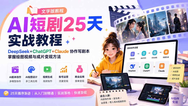 AI短剧25天实战教程(文字版教程网创-网赚-电商-tk-出海-AI-抖音-快手-小红书-视频号-玩法-创业-小程序-公众号-私域-s粉网创智库