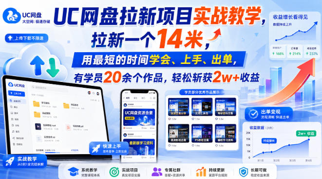 UC网盘拉新项目实战教学，拉新一个14米，用最短的时间学会、上手、出单，有学员20余个作品，轻松斩获2w+收益 - 网创智库网创-网赚-电商-tk-出海-AI-抖音-快手-小红书-视频号-玩法-创业-小程序-公众号-私域-s粉网创智库