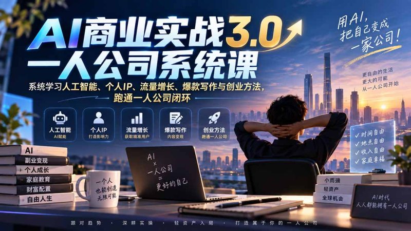 AI商业实战3.0一人公司系统课:系统学习人工智能、个人IP、流量增长、爆款写作与创业方法,跑通一人公司闭环网创-网赚-电商-tk-出海-AI-抖音-快手-小红书-视频号-玩法-创业-小程序-公众号-私域-s粉网创智库
