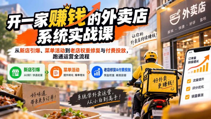 开一家赚钱的外卖店系统实战课：从新店引爆、菜单活动到老店权重修复与付费投放，跑通运营全流程网创-网赚-电商-tk-出海-AI-抖音-快手-小红书-视频号-玩法-创业-小程序-公众号-私域-s粉网创智库