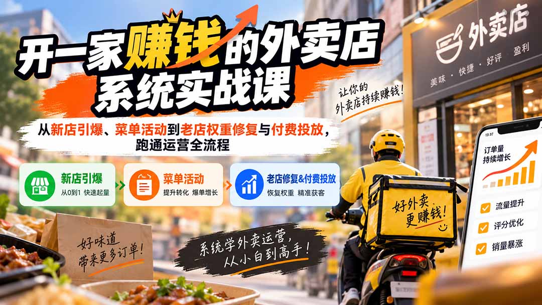 开一家赚钱的外卖店系统实战课：从新店引爆、菜单活动到老店权重修复与付费投放，跑通运营全流程 - 网创智库网创-网赚-电商-tk-出海-AI-抖音-快手-小红书-视频号-玩法-创业-小程序-公众号-私域-s粉网创智库
