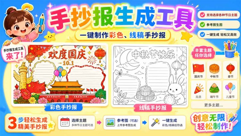 手抄报批量生成工具来了，完全免费，告别豆包生图，这个高清无水印网创-网赚-电商-tk-出海-AI-抖音-快手-小红书-视频号-玩法-创业-小程序-公众号-私域-s粉网创智库