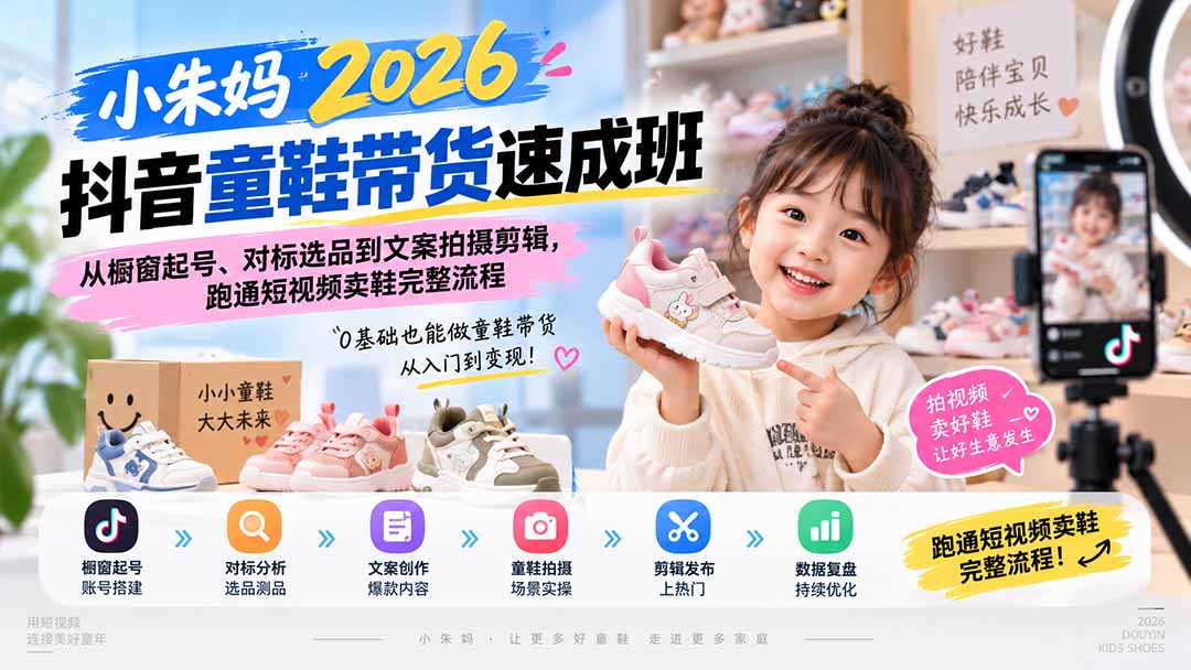 小朱妈2026抖音童鞋带货速成班：从橱窗起号、对标选品到文案拍摄剪辑，跑通短视频卖鞋完整流程 - 网创智库网创-网赚-电商-tk-出海-AI-抖音-快手-小红书-视频号-玩法-创业-小程序-公众号-私域-s粉网创智库