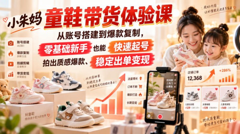 小朱妈童鞋带货体验课，从账号搭建到爆款复制，零基础新手也能快速起号、拍出质感爆款、稳定出单变现网创-网赚-电商-tk-出海-AI-抖音-快手-小红书-视频号-玩法-创业-小程序-公众号-私域-s粉网创智库