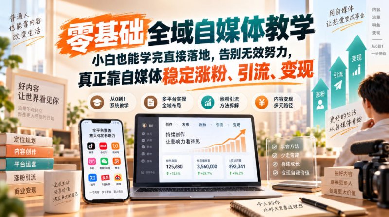 零基础全域自媒体教学，小白也能学完直接落地，告别无效努力，真正靠自媒体稳定涨粉、引流、变现网创-网赚-电商-tk-出海-AI-抖音-快手-小红书-视频号-玩法-创业-小程序-公众号-私域-s粉网创智库