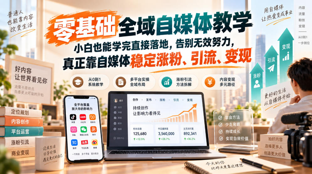 零基础全域自媒体教学，小白也能学完直接落地，告别无效努力，真正靠自媒体稳定涨粉、引流、变现网创-网赚-电商-tk-出海-AI-抖音-快手-小红书-视频号-玩法-创业-小程序-公众号-私域-s粉网创智库