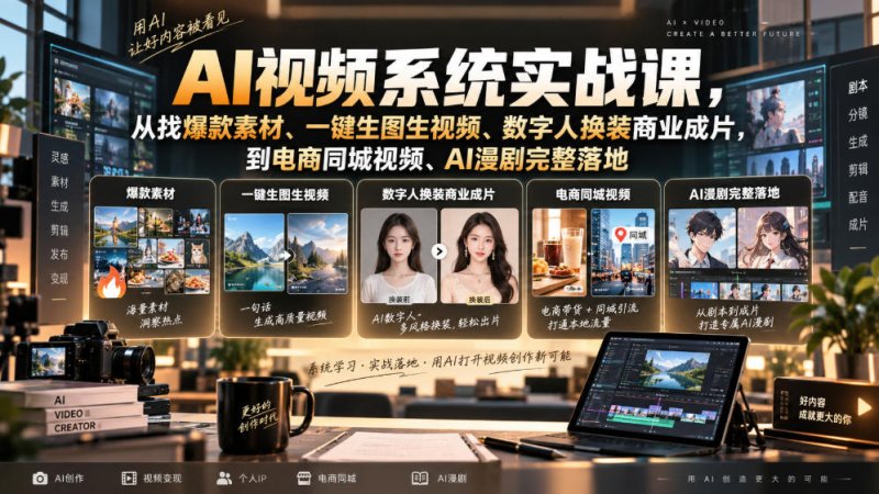 AI视频系统实战课，从找爆款素材、一键生图生视频、数字人换装商业成片，到电商同城视频、AI漫剧完整落地网创-网赚-电商-tk-出海-AI-抖音-快手-小红书-视频号-玩法-创业-小程序-公众号-私域-s粉网创智库