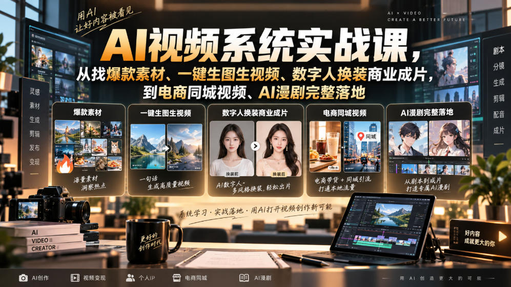 AI视频系统实战课，从找爆款素材、一键生图生视频、数字人换装商业成片，到电商同城视频、AI漫剧完整落地 - 网创智库网创-网赚-电商-tk-出海-AI-抖音-快手-小红书-视频号-玩法-创业-小程序-公众号-私域-s粉网创智库