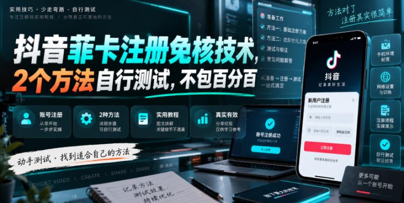 抖音菲卡注册免核技术，2个方法自行测试，不包百分百网创-网赚-电商-tk-出海-AI-抖音-快手-小红书-视频号-玩法-创业-小程序-公众号-私域-s粉网创智库