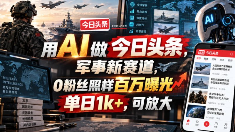 用AI做今日头条，军事新赛道，0粉丝照样百万曝光，单日1k+，可放大网创-网赚-电商-tk-出海-AI-抖音-快手-小红书-视频号-玩法-创业-小程序-公众号-私域-s粉网创智库