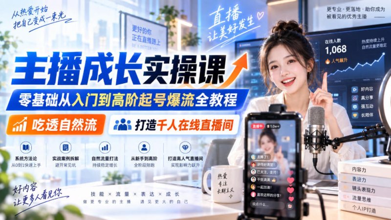 主播成长实操课｜零基础从入门到高阶起号爆流全教程，吃透自然流，打造千人在线直播间网创-网赚-电商-tk-出海-AI-抖音-快手-小红书-视频号-玩法-创业-小程序-公众号-私域-s粉网创智库