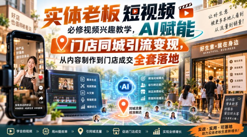 实体老板短视频必修视频兴趣教学，AI赋能门店同城引流变现，AI+短视频+直播打爆实体客流量网创-网赚-电商-tk-出海-AI-抖音-快手-小红书-视频号-玩法-创业-小程序-公众号-私域-s粉网创智库