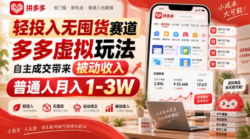 轻投入无囤货赛道，多多虚拟玩法自主成交带来被动收入，普通人月入1-3W网创-网赚-电商-tk-出海-AI-抖音-快手-小红书-视频号-玩法-创业-小程序-公众号-私域-s粉网创智库