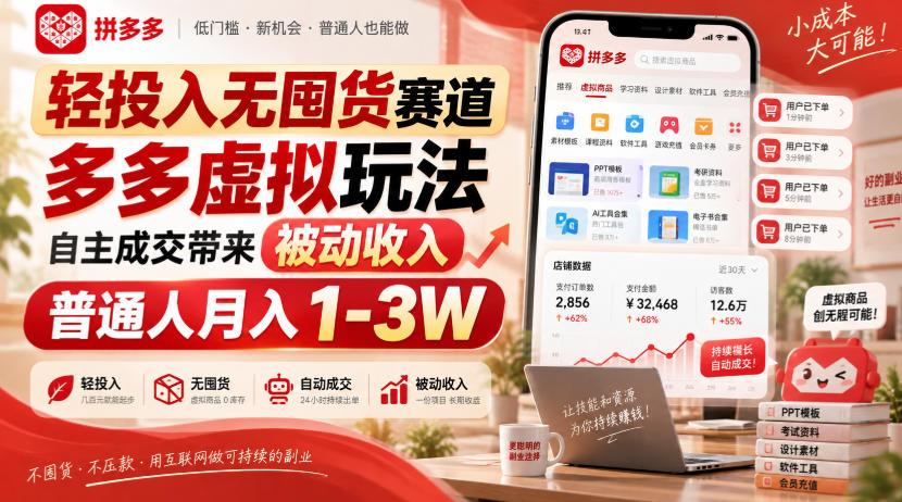 轻投入无囤货赛道，多多虚拟玩法自主成交带来被动收入，普通人月入1-3W - 网创智库网创-网赚-电商-tk-出海-AI-抖音-快手-小红书-视频号-玩法-创业-小程序-公众号-私域-s粉网创智库