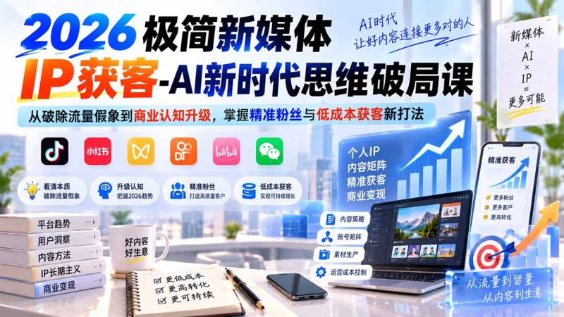 2026极简新媒体IP获客-AI新时代思维破局课：从破除流量假象到商业认知升级，掌握精准粉丝与低成本获客新打法网创-网赚-电商-tk-出海-AI-抖音-快手-小红书-视频号-玩法-创业-小程序-公众号-私域-s粉网创智库