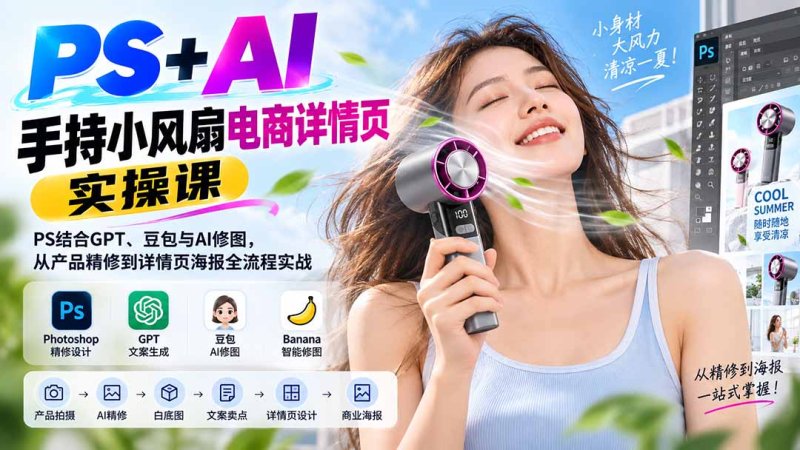 PS+AI手持小风扇电商详情页实操课：PS结合GPT、豆包与AI修图，从产品精修到详情页海报全流程实战网创-网赚-电商-tk-出海-AI-抖音-快手-小红书-视频号-玩法-创业-小程序-公众号-私域-s粉网创智库