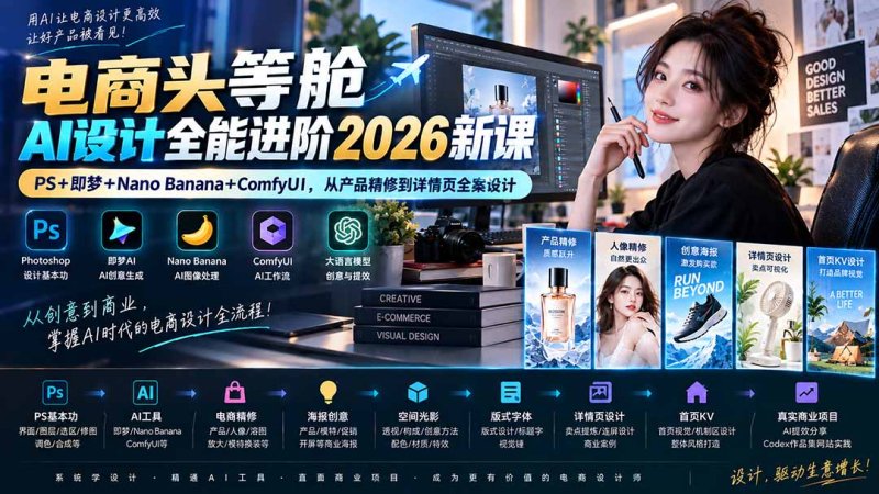 电商头等舱AI设计全能进阶2026新课:PS+即梦+Nano Banana+ComfyUI,从产品精修到详情页全案设计网创-网赚-电商-tk-出海-AI-抖音-快手-小红书-视频号-玩法-创业-小程序-公众号-私域-s粉网创智库