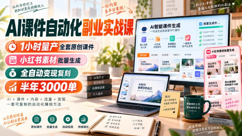 AI课件自动化副业实战课,1小时量产全套原创课件,小红书素材批量生成,全自动变现复刻,半年3000单网创-网赚-电商-tk-出海-AI-抖音-快手-小红书-视频号-玩法-创业-小程序-公众号-私域-s粉网创智库