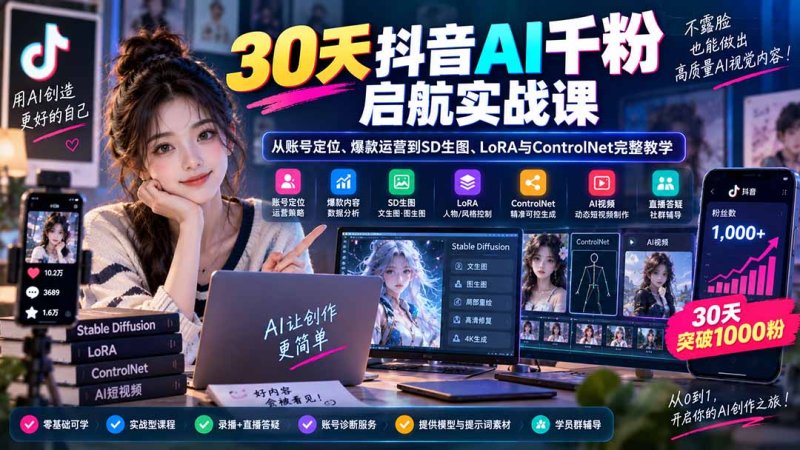 30天抖音AI千粉启航实战课：从账号定位、爆款运营到SD生图、LoRA与ControlNet完整教学网创-网赚-电商-tk-出海-AI-抖音-快手-小红书-视频号-玩法-创业-小程序-公众号-私域-s粉网创智库