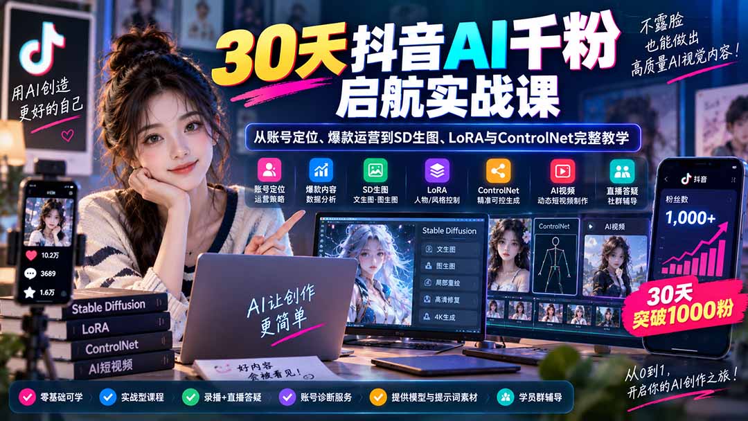 30天抖音AI千粉启航实战课：从账号定位、爆款运营到SD生图、LoRA与ControlNet完整教学 - 网创智库网创-网赚-电商-tk-出海-AI-抖音-快手-小红书-视频号-玩法-创业-小程序-公众号-私域-s粉网创智库