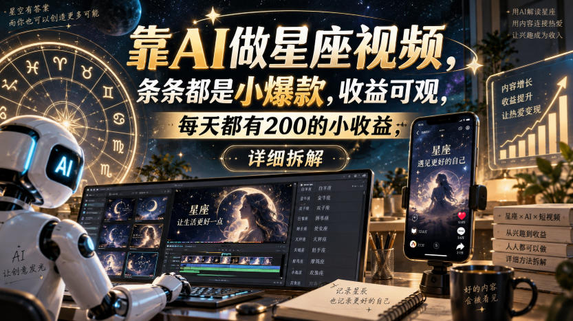 靠AI做星座视频，条条都是小爆款，收益可观，每天都有200的小收益，详细拆解 - 网创智库网创-网赚-电商-tk-出海-AI-抖音-快手-小红书-视频号-玩法-创业-小程序-公众号-私域-s粉网创智库