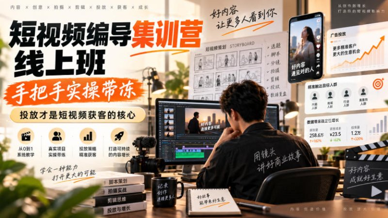 短视频编导集训营线上班，手把手实操带冻，投放才是短视频获客的核心网创-网赚-电商-tk-出海-AI-抖音-快手-小红书-视频号-玩法-创业-小程序-公众号-私域-s粉网创智库
