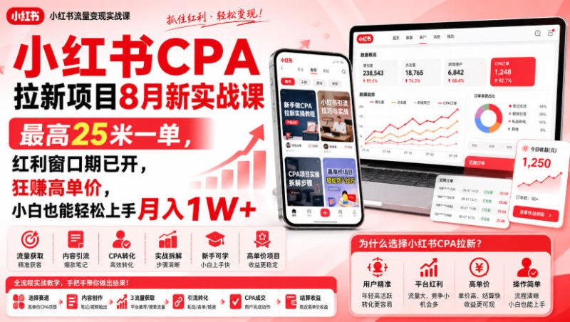 小红书CPA拉新项目8月新实战课，最高25米一单，红利窗口期已开，狂賺高单价，小白也能轻松上手月入1W+(更新0907)网创-网赚-电商-tk-出海-AI-抖音-快手-小红书-视频号-玩法-创业-小程序-公众号-私域-s粉网创智库