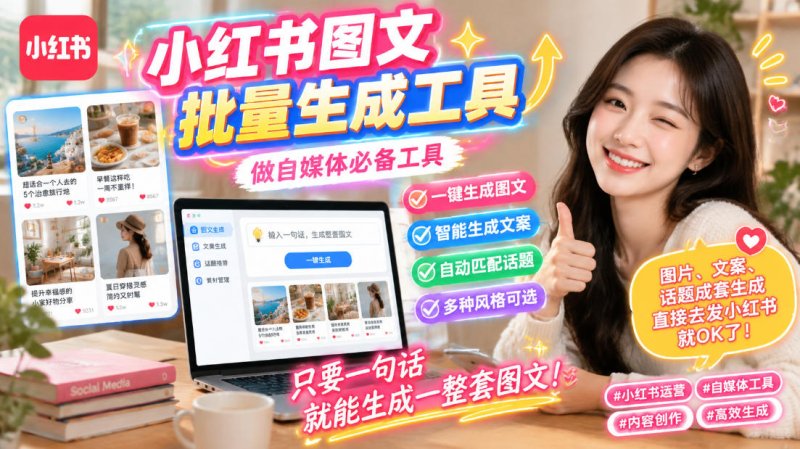 小红书图文批量生成工具，话题、文案、配图一键生成，直接发布，做自媒体必备工具网创-网赚-电商-tk-出海-AI-抖音-快手-小红书-视频号-玩法-创业-小程序-公众号-私域-s粉网创智库