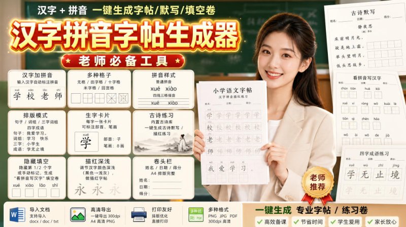 学习神器，汉字拼音字帖生成器，汉字+拼音 一键生成字帖/默写/填空卷，支持词组、成语，老师、家长必备网创-网赚-电商-tk-出海-AI-抖音-快手-小红书-视频号-玩法-创业-小程序-公众号-私域-s粉网创智库