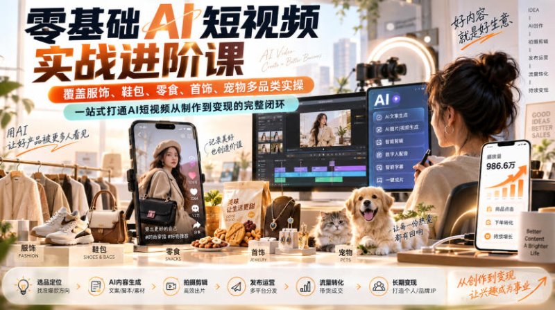 零基础AI短视频实战进阶课,覆盖服饰、鞋包、零食、首饰、宠物多品类实操,一站式打通AI短视频从制作到变现的完整闭环网创-网赚-电商-tk-出海-AI-抖音-快手-小红书-视频号-玩法-创业-小程序-公众号-私域-s粉网创智库