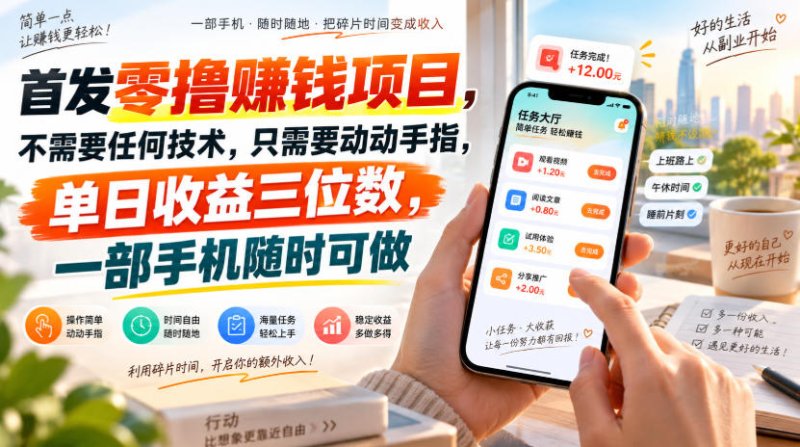 首发零撸賺钱项目，不需要任何技术，只需要动动手指，单日收益三位数，一部手机随时可做【揭秘】网创-网赚-电商-tk-出海-AI-抖音-快手-小红书-视频号-玩法-创业-小程序-公众号-私域-s粉网创智库