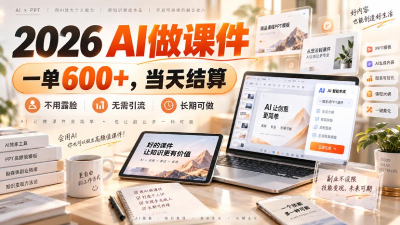 2026 AI做课件，一单600+，当天结算，不用露脸，无需引流，长期可做【揭秘】网创-网赚-电商-tk-出海-AI-抖音-快手-小红书-视频号-玩法-创业-小程序-公众号-私域-s粉网创智库