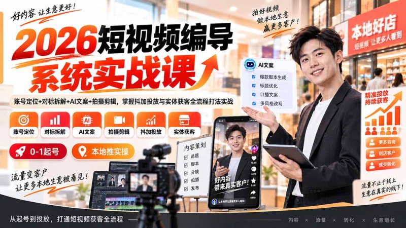 2026短视频编导系统实战课：账号定位+对标拆解+AI文案+拍摄剪辑，掌握抖加投放与实体获客全流程打法实战网创-网赚-电商-tk-出海-AI-抖音-快手-小红书-视频号-玩法-创业-小程序-公众号-私域-s粉网创智库