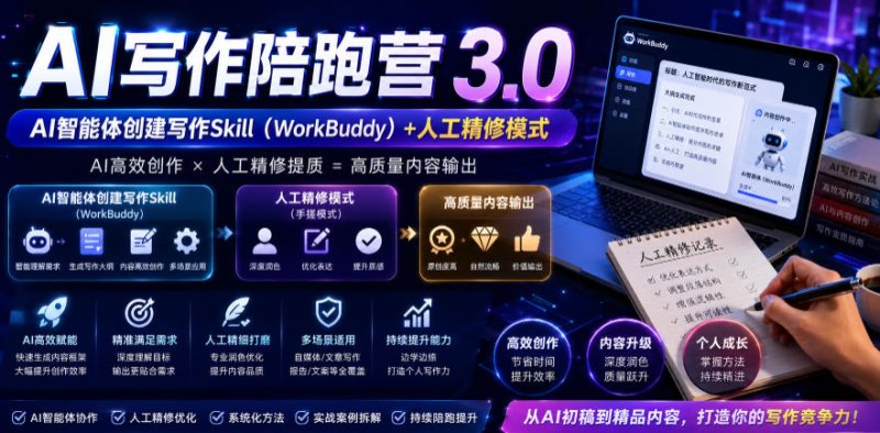 AI写作陪跑营3.0，Ai智能体创建写作skill(workbuddy)+人工手写模式(手搓模式)，去除AI痕迹(头条号、公众号、百家号)(更新0907)网创-网赚-电商-tk-出海-AI-抖音-快手-小红书-视频号-玩法-创业-小程序-公众号-私域-s粉网创智库