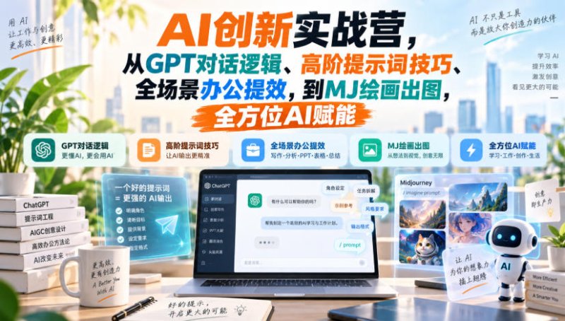 AI创新实战营，从GPT对话逻辑、高阶提示词技巧、全场景办公提效，到MJ绘画出图，全方位AI赋能网创-网赚-电商-tk-出海-AI-抖音-快手-小红书-视频号-玩法-创业-小程序-公众号-私域-s粉网创智库