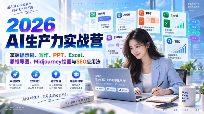 2026AI生产力实战营：掌握提示词、写作、PPT、Excel、思维导图、Midjourney绘画与SEO应用法网创-网赚-电商-tk-出海-AI-抖音-快手-小红书-视频号-玩法-创业-小程序-公众号-私域-s粉网创智库