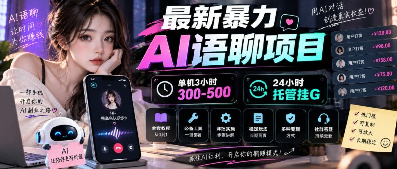 最新暴力AI语聊项目，单机3小时300-500，24小时托管挂G，附全套教程及工具【揭秘】网创-网赚-电商-tk-出海-AI-抖音-快手-小红书-视频号-玩法-创业-小程序-公众号-私域-s粉网创智库