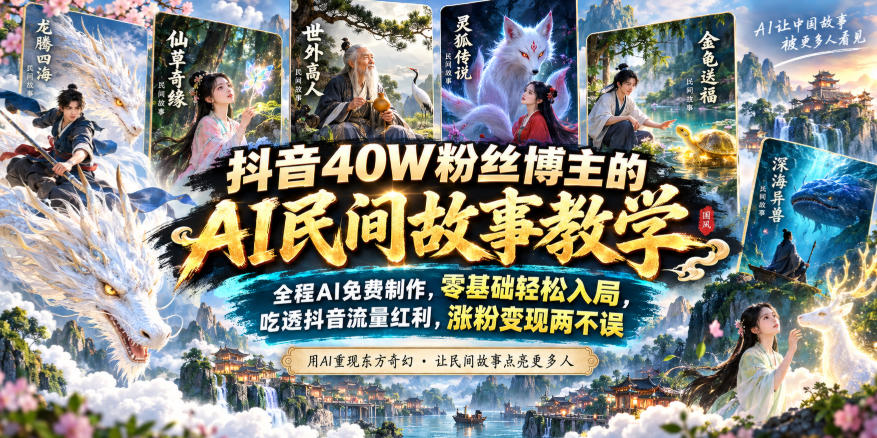抖音40W粉丝博主的AI民间故事教学，全程AI免费制作，零基础轻松入局，吃透抖音流量红利，涨粉变现两不误网创-网赚-电商-tk-出海-AI-抖音-快手-小红书-视频号-玩法-创业-小程序-公众号-私域-s粉网创智库