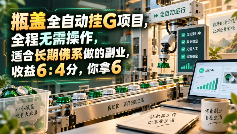 瓶盖全自动挂G项目，全程无需操作，适合长期佛系做的副业，收益6：4分，你拿6【揭秘】网创-网赚-电商-tk-出海-AI-抖音-快手-小红书-视频号-玩法-创业-小程序-公众号-私域-s粉网创智库