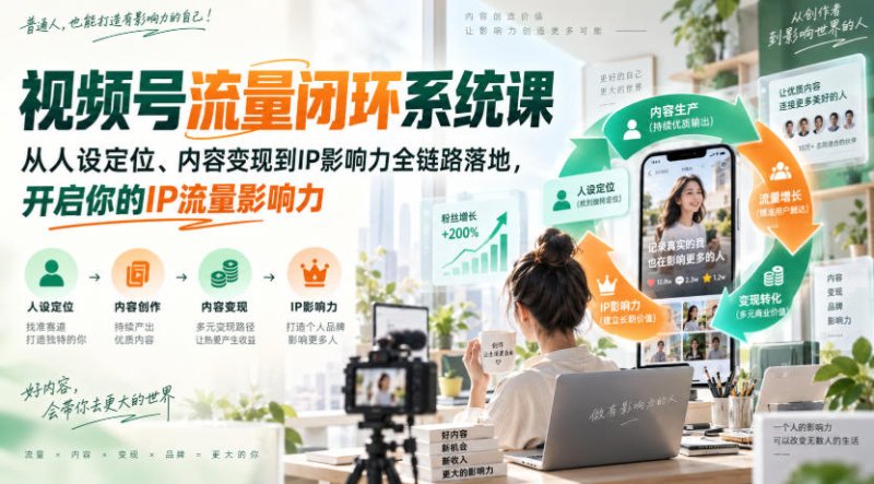 视频号流量闭环系统课，从人设定位、内容变现到IP影响力全链路落地，开启你的IP流量影响力网创-网赚-电商-tk-出海-AI-抖音-快手-小红书-视频号-玩法-创业-小程序-公众号-私域-s粉网创智库