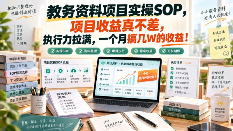 教务资料项目实操SOP，项目收益真不差，执行力拉满，一个月搞几W的收益网创-网赚-电商-tk-出海-AI-抖音-快手-小红书-视频号-玩法-创业-小程序-公众号-私域-s粉网创智库